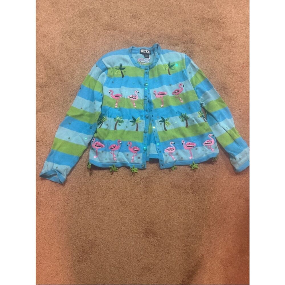 Vintage striped Flamingo Embroidered Cardigan - Blue & Green